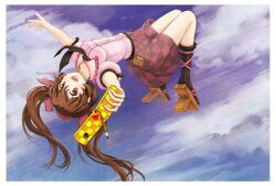  bow brown_eyes brown_hair cellphone checkered_clothes checkered_skirt cloud commentary_request day dress_shirt female flying geta hairbow himekaidou_hatate necktie phone qontamblue shirt skirt sky socks solo touhou twintails 