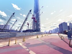  building cloud commentary_request construction_site crane_(machine) day manhole no_humans outdoors photoshop_(medium) real_world_location scenery sky step_to_you_(vocaloid) sumida_(tokyo) tokyo_(city) tokyo_skytree yonasawa 