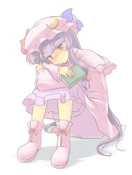  blush book bow capelet commentary_request crescent crossed_arms dress female hairbow hat head_tilt hugging_own_legs long_hair patchouli_knowledge pink_dress purple_eyes purple_hair sitting smile solo tdk touhou 