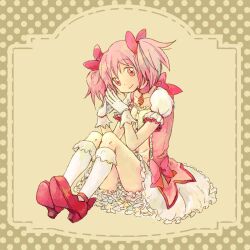  bow choker commentary_request den female full_body gloves hairbow kaname_madoka kaname_madoka_(magical_girl) kneehighs looking_at_viewer magical_girl mahou_shoujo_madoka_magica mahou_shoujo_madoka_magica_(anime) photoshop_(medium) pink_hair red_choker shoe_soles shoes short_twintails sitting socks solo twintails 