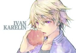  1boy apple bad_id bad_pixiv_id blonde_hair collarbone food fruit holding holding_food holding_fruit ivan_karelin jacket letterman_jacket male_focus purple_eyes purple_jacket solo tiger_&amp;_bunny tongue umu_(um) 