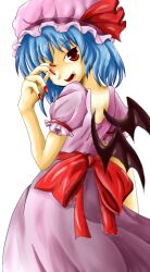  artistic_error bat_wings blue_hair commentary_request fang_out female hat looking_at_viewer looking_back mob_cap oerba_yun_fang open_mouth red_eyes red_nails remilia_scarlet sei_(nicoseiga_7745089) short_hair solo touhou transparent_background wings wrong_hand 