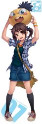  aoi_sora_(pairan) bad_id bad_pixiv_id bag blush brown_eyes brown_hair denim denim_skirt female hair_ornament hairclip highres original pairan pencil_skirt round_teeth skirt smile solo teeth twintails white_background 