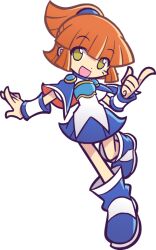  :d arle_nadja armor armored_dress blue_footwear blue_skirt boots brown_hair capelet female full_body half_updo index_finger_raised ninomotonino official_art open_mouth puyopuyo puyopuyo_fever short_hair skirt smile solo standing standing_on_one_leg transparent_background wrist_cuffs yellow_eyes 