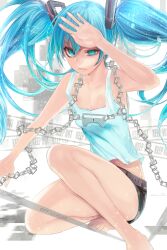  :/ aqua_eyes aqua_hair bad_id bad_pixiv_id bare_legs barefoot black_shorts blue_hair chains female gradient_hair hand_on_forehead hands hatsune_miku highres legs lock long_hair multicolored_hair on_one_knee padlock shading_eyes shorts solo squatting squinting tank_top tcb twintails uneven_eyes vocaloid 