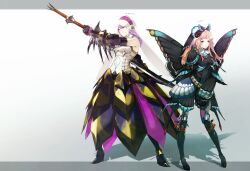  2girls armor bad_id bad_pixiv_id barioth_(armor) blue_eyes boots brown_hair butterfly_wings center_opening dress gauntlets gloves hairband headgear high_heels huge_weapon insect_wings lagombi_(armor) long_hair monster_hunter_(character) monster_hunter_(series) monster_hunter_portable_3rd multiple_girls navel ootachi purple_hair rhopessa_(armor) shoes skirt sword thigh_boots thighhighs tsujisaki_(coa3) veil weapon wings 