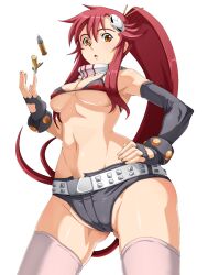  belt bikini bikini_top_only breasts bullet commentary_request elbow_gloves female fingerless_gloves gloves hair_ornament hand_on_own_hip hands highres large_breasts long_hair navel orange_eyes pink_thighhighs ponytail red_hair sidelocks simple_background solo swimsuit tabigarasu tengen_toppa_gurren_lagann thighhighs underboob yoko_littner 