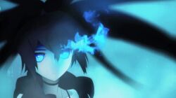  animated animated bikini bikini_top_only black_hair black_rock_shooter black_rock_shooter_(character) black_rock_shooter_(game) blue_eyes coat female fire flaming_eye game_cg glowing glowing_eyes long_hair solo stella_(black_rock_shooter) swimsuit ufotable 