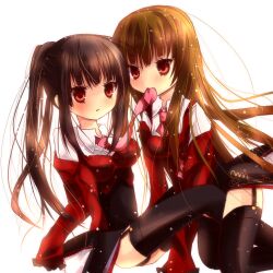  2girls belphegor_(umineko) black_hair black_thighhighs brown_hair commentary_request garter_straps hina_(ohinao) long_hair mammon_(umineko) mouth_hold multiple_girls necktie pink_necktie ponytail red_eyes showgirl_skirt stakes_of_purgatory thighhighs umineko_no_naku_koro_ni 