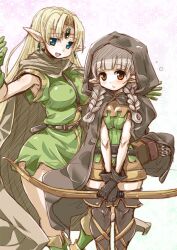  2girls :&lt; aqua_eyes belt between_breasts black_gloves black_legwear blonde_hair blush boots bow_(weapon) braid breasts breasts_squeezed_together brown_eyes cloak commentary_request crossover dragon&#039;s_crown dungeons_&amp;_dragons dungeons_&amp;_dragons:_shadow_over_mystara earrings elf elf_(dragon&#039;s_crown) gloves grey_hair hirowa_nagi hood jewelry large_breasts long_hair lucia_(d&amp;d) multiple_girls open_mouth photoshop_(medium) pointy_ears quiver short_hair thigh_boots thighhighs twin_braids v_arms weapon 