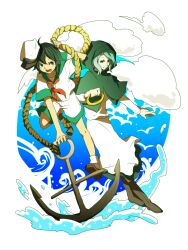  2girls anchor bad_id bad_pixiv_id black_hair blue_eyes blue_hair boots cloud dress hat highres hood kumoi_ichirin kurau_kii long_hair multiple_girls murasa_minamitsu rope sailor sailor_hat short_hair touhou water 