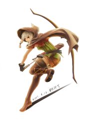  absurdres arrow_(projectile) boots bow_(weapon) braid brown_eyes cloak commentary_request dragon&#039;s_crown elf_(dragon&#039;s_crown) female gloves highres hood hooded_cloak iyokamioto shorts solo thigh_boots thighhighs twin_braids weapon 