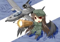  a-10_thunderbolt_ii aircraft airplane bad_id bad_pixiv_id camouflage chibi eiri_(eirri) female military reiuji_utsuho solo touhou vehicle_focus wings 