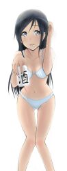  alcohol aragaki_ayase bikini black_hair can commentary_request female highres long_hair ore_no_imouto_ga_konna_ni_kawaii_wake_ga_nai photoshop_(medium) roaru_(gyuren) sake solo swimsuit thigh_gap 