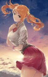  anjou_naruko ano_hi_mita_hana_no_namae_wo_bokutachi_wa_mada_shiranai. bad_id bad_pixiv_id belt bow breasts female hair_ornament hmk84 large_breasts long_hair orange_eyes orange_hair school_uniform skirt sky sleeves_rolled_up solo twintails 