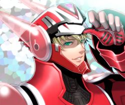  1boy armor barnaby_brooks_jr. blonde_hair commentary_request green_eyes grin male_focus miogrobin power_armor smile solo superhero_costume tiger_&amp;_bunny 