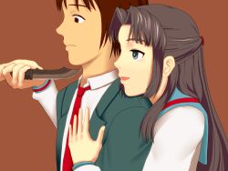  1boy asakura_ryouko blue_eyes blue_hair blue_sailor_collar brown_eyes brown_hair commentary_request female from_side highres kita_high_school_uniform knife kyon ootalia photoshop_(medium) sailor_collar school_uniform serafuku spoilers suzumiya_haruhi_no_yuuutsu winter_uniform 