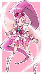  bad_id bad_pixiv_id boots bow brooch cape choker cure_blossom eyelashes female flight_cape_(precure) hair_ornament hairbow hanasaki_tsubomi heart heart_brooch heartcatch_precure! high_ponytail jewelry knee_boots long_hair magical_girl pink_background pink_bow pink_choker pink_eyes pink_hair pink_theme ponytail precure rutarou solo standing umakoshi_yoshihiko_(style) very_long_hair 