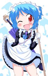  alternate_costume alternate_hairstyle apron blue_hair blush clothes_lift commentary_request dress dress_lift enmaided female geetsu gloves karakasa_obake looking_at_viewer maid maid_headdress one_eye_closed open_mouth ponytail purple_umbrella red_eyes short_hair solo tatara_kogasa touhou umbrella white_gloves 