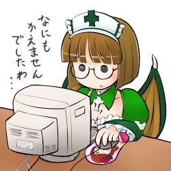  bat_wings breast_mousepad brown_hair commentary_request computer_keyboard computer_mouse deathsmiles female follett_(deathsmiles) glasses lowres monitor mousepad_(object) rosa_(deathsmiles) short_hair solo sotto translated wings 