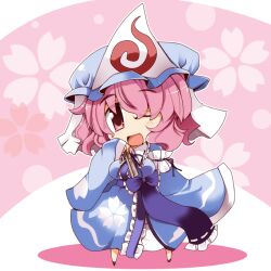  blue_dress blush chibi commentary_request dress female hand_fan hat long_sleeves one_eye_closed open_mouth pink_eyes pink_hair ribbon saigyouji_yuyuko shirogane_(platinum) short_hair smile solo touhou 