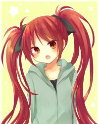  alternate_hairstyle amane_kurumi brown_eyes commentary_request female hood hoodie long_hair mahou_shoujo_madoka_magica mahou_shoujo_madoka_magica_(anime) oerba_yun_fang red_eyes red_hair sakura_kyoko solo twintails 