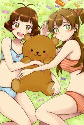  1boy akizuki_ryo arm_up blush bow bow_bra bow_panties bra brown_eyes brown_hair candy commentary_request crossdressing female food green_eyes idolmaster idolmaster_dearly_stars lingerie long_hair open_mouth otoko_no_ko panties sakurai_yumeko short_hair side_ponytail smile stmp stuffed_animal stuffed_toy training_bra underwear underwear_only 