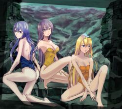  3girls ass bare_shoulders barefoot blonde_hair blue_eyes blue_hair feet female final_fantasy final_fantasy_vii frog jemnezmy leotard long_hair looking_back multiple_girls plumsyrup pollensalta purple_hair sitting 