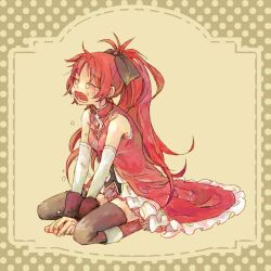  boots bow commentary_request den detached_sleeves female hairbow long_hair magical_girl mahou_shoujo_madoka_magica mahou_shoujo_madoka_magica_(anime) photoshop_(medium) ponytail red_hair sakura_kyoko sakura_kyoko_(magical_girl) solo tears thighhighs zettai_ryouiki 