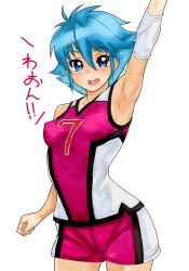  armpits blue_eyes blue_hair blush commentary_request eyelashes female gym_uniform highres md5_mismatch nishijima_waon precure red_shorts short_hair shorts simple_background solo suite_precure yamashita_kurowo 