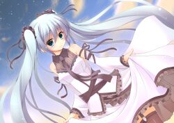  aqua_eyes aqua_hair bare_shoulders commentary_request detached_sleeves dress female frills garter_straps hatsune_miku long_hair necktie partial_commentary sky solo star_(sky) tatapopo thighhighs twintails very_long_hair vocaloid 