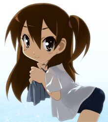  brown_eyes brown_hair commentary_request extra female k-on! long_hair sakuragaoka_high_school_uniform school_swimsuit school_uniform solo swimsuit swimsuit_under_clothes taki_eri twintails yamano_sachi 