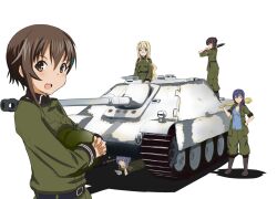  5girls book caterpillar_tracks combat_helmet commentary_request filicia_heideman glasses gun helmet helvetian_military_uniform highres hu_sea jagdpanther kannagi_noel kazumiya_rio machine_gun mg42 military military_uniform military_vehicle motor_vehicle multiple_girls panzerfaust photoshop_(medium) reading self-propelled_artillery simple_background sleeves_rolled_up sora_no_woto sorami_kanata stahlhelm suminoya_kureha tank tank_destroyer turretless_tank uniform weapon wehrmacht white_background world_war_ii 