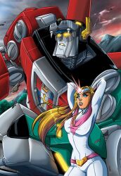  80s allura armpits arms_up belt blonde_hair blue_eyes bodysuit breasts damaged fala formal go_lion golion golion_(mecha) hyakujuo_goraion hyakujuu-ou_golion large_breasts lightning long_hair mecha mountain oldschool princess_farla storm suit voltron 