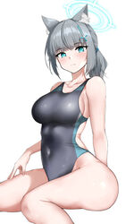  absurdres animal_ear_fluff animal_ears blue_archive blue_eyes blue_halo breasts closed_mouth collarbone commentary_request competition_swimsuit covered_navel extra_ears female grey_hair halo highres large_breasts looking_at_viewer official_alternate_costume ojisan_f one-piece_swimsuit ponytail shiroko_(blue_archive) shiroko_(swimsuit)_(blue_archive) sideboob simple_background sitting solo swimsuit thighs white_background wolf_ears 