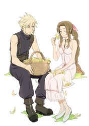  1boy aerith_gainsborough blonde_hair blue_eyes boots braid brown_hair closed_mouth cloud_strife couple dress female final_fantasy final_fantasy_vii final_fantasy_vii_remake flower hair_ribbon highres kobayashi_chizuru long_hair pink_dress ponytail ribbon simple_background single_braid sleeveless smile spiked_hair straight white_background 