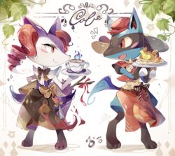  2others animal_ear_fluff apron blush_stickers braixen closed_mouth clothed_pokemon coco7 commentary cup digitigrade fire furry hat litwick lucario mug multiple_others pokemon pokemon_(creature) pokemon_cafe_remix saucer smile standing waist_apron yamper yellow_fur 