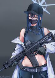  absurdres assault_rifle baseball_cap belt black_gloves black_hat black_mask blue_archive blue_eyes blue_hair blue_pants blue_shirt clothes_pull feet_out_of_frame female gloves grey_background gun halo hat highres holding holding_gun holding_weapon jacket jacket_pull lithographica long_hair long_sleeves looking_at_viewer masked open_clothes open_jacket pants rifle saori_(blue_archive) shirt sig_516 sig_sauer solo standing twitter_username weapon white_jacket 