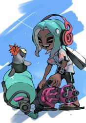  anthro cephalopod duo fish gatling_gun gun heavy_splatling hi_res humanoid machine_gun male marine mollusk munkki_splatoon nintendo octarian octoling ranged_weapon salmonid_(splatoon) salmonoid_(splatoon) smallfry_(splatoon) smile splatling splatoon tentacle weapon 