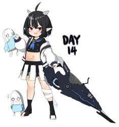  absurdres ahoge bailingxiao_jiu black_footwear black_hair black_sailor_collar black_serafuku black_shirt black_skirt black_socks blue_neckerchief blush chinese_commentary commentary_request crop_top female full_body highres holding holding_sword holding_weapon jacket long_sleeves midriff multicolored_hair navel neckerchief off_shoulder open_clothes open_jacket open_mouth original partial_commentary pointy_ears puffy_long_sleeves puffy_sleeves red_eyes sailor_collar school_uniform serafuku shirt shoes simple_background skirt socks solo standing streaked_hair sword v-shaped_eyebrows weapon white_background white_hair white_jacket 