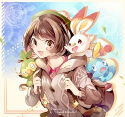  :d backpack bag blush bob_cut brown_bag brown_eyes brown_hair buttons cardigan coco7 collared_dress commentary copyright_name dress female gloria_(pokemon) green_headwear grey_cardigan grookey hat holding_strap hooded_cardigan open_mouth pink_dress poke_ball poke_ball_(basic) pokemon pokemon_(creature) pokemon_swsh scorbunny short_hair smile sobble starter_pokemon_trio tam_o&#039;_shanter tongue zzz 