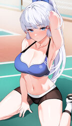  absurdres armpits arms_behind_head bare_shoulders blue_eyes blue_hair blue_sports_bra blunt_bangs blush breasts buruma cleavage collarbone english_commentary female genshin_impact hair_ornament hair_ribbon highres kamisato_ayaka large_breasts lessone light_blue_hair long_hair looking_at_viewer midriff mole mole_under_eye navel outdoors parted_lips ponytail ribbon shoes sidelocks sitting socks solo sports_bra thighs tress_ribbon wariza 