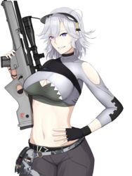  black_gloves black_pants breasts crop_top facial_mark feet_out_of_frame female fingerless_gloves girls&#039;_frontline gloves green_sports_bra gun h&amp;k_sl8 hand_on_own_hip highres holding holding_gun holding_weapon lightning_bolt_symbol long_sleeves looking_at_viewer medium_breasts medium_hair navel open_mouth pants purple_eyes rifle sl8_(girls&#039;_frontline) smile sniper_rifle solo sports_bra standing sumi_ojie teeth visor_cap weapon white_background white_hair 