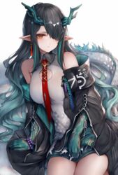  arknights bead_bracelet beads black_hair black_jacket bracelet breasts brown_eyes closed_mouth colored_skin dragon_girl dragon_horns dragon_tail dusk_(arknights) earrings female green_horns green_skin horns jacket jewelry long_hair looking_at_viewer medium_breasts pointy_ears simple_background sitting snm_(sunimi) solo tail thighs white_background 