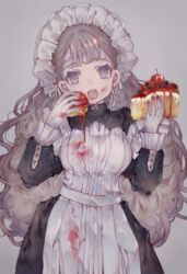  black_dress blueberry cha_goma commentary_request dress fangs female food fruit gloves grey_background grey_eyes grey_hair highres holding holding_food long_hair long_sleeves looking_at_viewer maid maid_headdress open_mouth original puffy_long_sleeves puffy_sleeves simple_background sleeves_past_wrists solo strawberry teeth upper_teeth_only very_long_hair white_gloves 