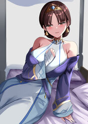  absurdres bare_shoulders blush breasts brown_eyes brown_hair choker commentary_request dunyarzad_(genshin_impact) earrings female genshin_impact highres huge_breasts jewelry light_smile on_bed short_hair sitting solo tian_kazuki tiara 