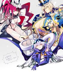  3girls absurdres armor baobhan_sith_(fate) baobhan_sith_(swimsuit_pretender)_(fate) baobhan_sith_(swimsuit_pretender)_(third_ascension)_(fate) bare_shoulders barghest_(fate) barghest_(swimsuit_archer)_(fate) barghest_(swimsuit_archer)_(third_ascension)_(fate) bikini blonde_hair blue_gloves breasts bridal_gauntlets cleavage closed_mouth crown detached_collar dragon_tail dragon_wings earrings elbow_gloves fate/grand_order fate_(series) faulds flower forked_eyebrows gloves goggles goggles_on_head green_eyes grey_eyes grin hair_flower hair_ornament highres horns huge_breasts jewelry large_breasts long_hair looking_at_viewer lying mechanical_wings medium_hair melusine_(fate) melusine_(swimsuit_ruler)_(fate) melusine_(swimsuit_ruler)_(third_ascension)_(fate) multicolored_clothes multicolored_swimsuit multiple_girls navel on_stomach one_eye_closed pauldrons pink_hair pointy_ears shoulder_armor side_ponytail sidelocks sitting slingshot_swimsuit small_breasts smile sparkle swimsuit tail thighhighs thighs translation_request u_5ham0 veil white_bikini white_hair white_thighhighs wings yellow_eyes 