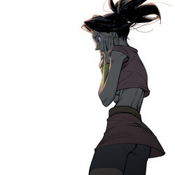  bike_shorts black_hair breasts commentary_request crop_top dragon_ball dragon_ball_super earrings female from_side half-closed_eyes hands_on_own_face highres jewelry kale_(dragon_ball) long_hair midriff open_mouth ponytail simple_background solo supobi underboob white_background 