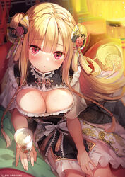  :o blonde_hair blunt_bangs blush bow braid breasts cleavage commentary_request cowboy_shot cup double_bun dress drinking_glass female hair_between_eyes hair_bun hair_ornament holding holding_cup long_hair looking_at_viewer medium_breasts original red_eyes rubi-sama short_sleeves sitting solo tassel 