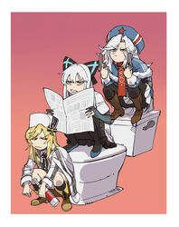  3girls blonde_hair boots bottle chinese_commentary commentary dual_wielding english_commentary girls&#039;_frontline gopnik gun handgun highres holding makarov_(girls&#039;_frontline) mixed-language_commentary multiple_girls nagant_revolver_(girls&#039;_frontline) pantyhose photoshop_(medium) ruukii_drift slav_squatting socks squatting toilet tokarev_(girls&#039;_frontline) weapon white_hair 